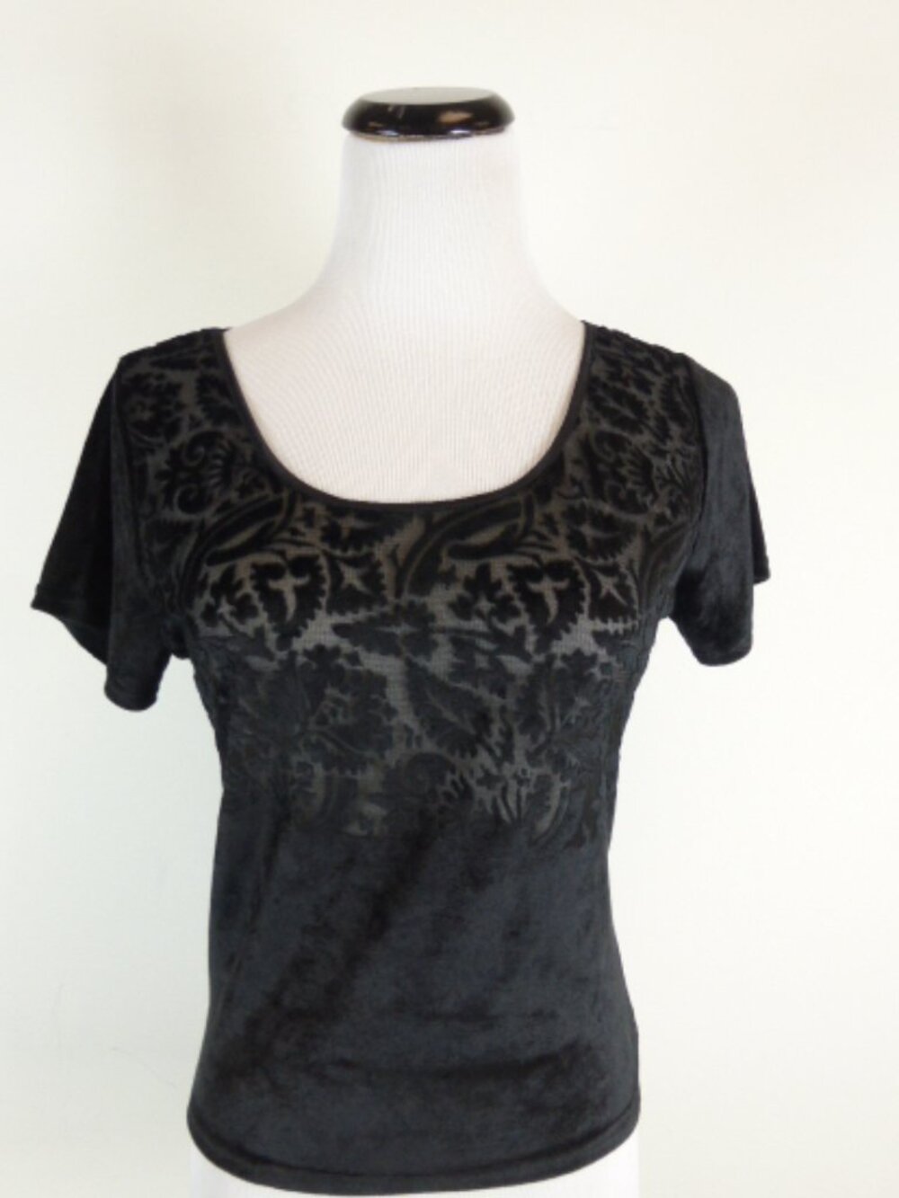 KENAR BLACK stretch burnout cut velvet short sleeve crop t shirt top L